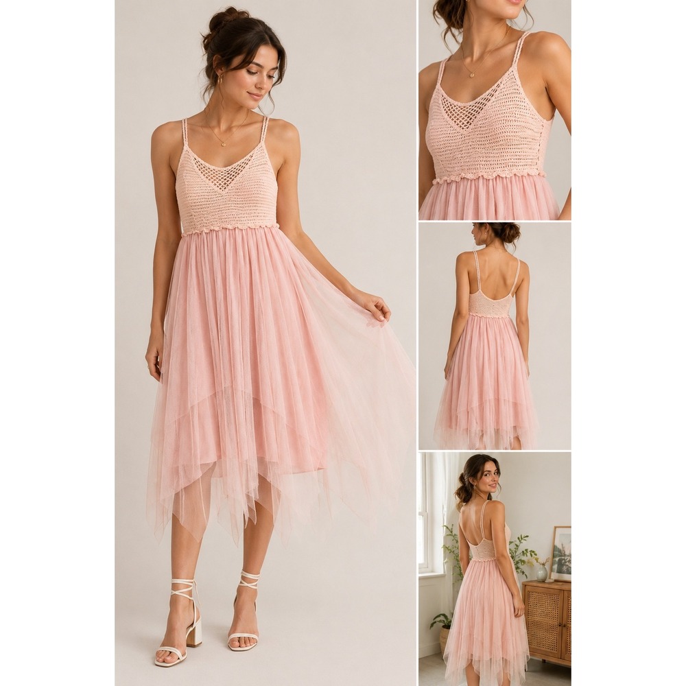 MiLady‎ Italy Pink Crochet Tulle Maxi Dress Spaghetti Strap Fairycore Boho 48in